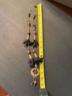 Vintage Boho Wooden Bead & Feather Necklace - Brown
